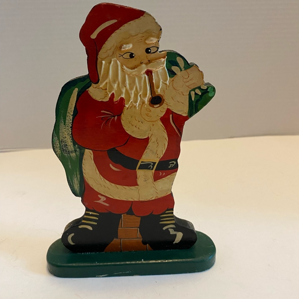 Vintage Hand Painted Textured Wooden Santa Figurine European Folk Art